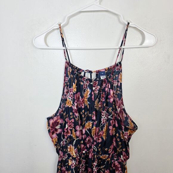 Old Navy Blue Pink Floral Whimsical Waist Defined Halter Satin Midi Dress Sz XS - Picture 3 of 8